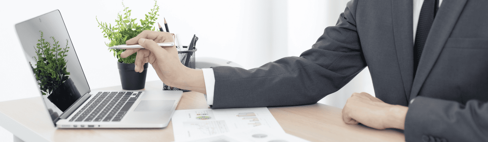 Business man pointing at the laptop screen.