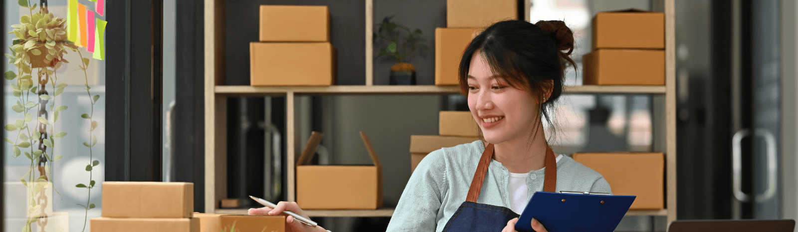 Female business owner checking order online to pack a box of goods