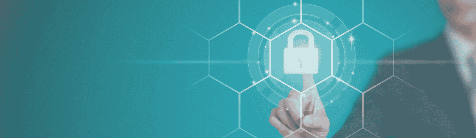 A person in a suit is touching a padlock on a screen.
